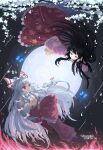  02charaice20 2girls absurdres artist_name bamboo_print black_hair blue_butterfly bow bowtie brown_eyes bug butterfly closed_mouth collared_shirt commentary_request dated eye_contact fire frilled_skirt frilled_sleeves frills fujiwara_no_mokou full_moon grey_hair hair_bow highres houraisan_kaguya long_hair long_skirt long_sleeves looking_at_another moon multiple_girls multiple_hair_bows night ofuda ofuda_on_clothes outdoors pants pink_shirt pixel_art print_skirt red_eyes red_pants red_shoes red_skirt shirt shoes skirt smile suspenders touhou very_long_hair white_bow white_bowtie white_shirt wide_sleeves 