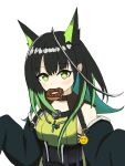  1girl ahoge arknights bare_shoulders black_hair black_jacket black_sash bright_pupils colored_inner_hair commentary_request donut emoji food green_eyes green_hair green_shirt highres huge_ahoge jacket long_hair looking_at_viewer mon3tr_(arknights) mouth_hold multicolored_hair off_shoulder partial_commentary sash shirt simple_background solo utsuro_yume white_background white_pupils 