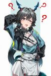  1girl ? ?? admen98612827 arknights arknights:_endfield arm_behind_head black_eyes black_gloves black_hair blue_horns blue_jacket chen_qianyu_(arknights) chinese_commentary clothes_writing commentary_request confused cowboy_shot gloves hair_between_eyes hand_on_own_hip highres horns jacket layered_sleeves light_blush long_hair long_sleeves looking_at_viewer open_clothes open_jacket open_mouth raised_eyebrow shirt short_over_long_sleeves short_sleeves skirt solo standing tail twintails uneven_eyes white_shirt white_skirt 