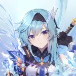  1girl bangs black_gloves black_hairband blue_hair breasts capelet eula_(genshin_impact) eyebrows_visible_through_hair genshin_impact gloves hairband highres hi~ holding holding_weapon ice indonesian_commentary looking_at_viewer medium_breasts purple_eyes solo upper_body weapon weapon_on_back 