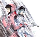  2boys aeug aiming battle blonde_hair blue_eyes blue_hair carrying char_aznable commentary_request fleeing gun gundam handgun holding holding_gun holding_weapon hug kamille_bidan mecha_pilot_suit motion_lines multiple_boys normal_suit_(gundam) open_mouth plabery quattro_bajeena scene_reference science_fiction surprised weapon zeta_gundam 