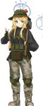  1girl alternate_eye_color alternate_hair_color bbqcookingmast1 black_jacket blonde_hair blue_eyes body_armor boonie_gat boots camouflage camouflage_pants evgenia_blinova full_body hammer holding_sledgehammer jacket magazine_(weapon) pants sledgehammer solo tactical_gloves white_background 