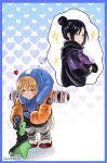  2girls ^_^ apex_legends bangs black_hair black_scarf blonde_hair blue_bodysuit blue_eyes blue_headwear bodysuit closed_eyes crossed_arms eyebrows_visible_through_hair hair_bun heart highres hood hooded_jacket jacket looking_back multiple_girls nessie_(respawn) orange_jacket ribbed_bodysuit scar scar_on_cheek scar_on_face scarf smile stuffed_toy thought_bubble wattson_(apex_legends) white_bodysuit wraith_(apex_legends) yuri yuzuriha_reine 