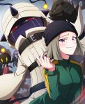  1girl bandana belt belt_collar black_bandana blonde_hair blush bomb bombermon collar colored_sclera commentary_request cone_horns digimon digimon_(creature) digimon_beatbreak explosive fuse fuse_tail green_track_suit grin half-closed_eyes highres hikari_(hikari_no_kobako) hood hood_up horns indoors light_blush lit_fuse looking_at_viewer multiple_belts multiple_horns purple_eyes red_eyes short_hair smile smoke snapping_fingers straitjacket track_suit tsujimine_sana white_hood wrist_belt yellow_sclera 
