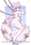  1girl animal_ear_fluff animal_ears ass barcode barcode_tattoo blush breasts commentary commission completely_nude english_commentary from_behind full_body furry furry_female green_eyes hands_up highres large_breasts long_hair looking_at_viewer looking_back mo_(k40633) nipples nude original parted_lips purple_background purple_hair simple_background soles solo tail tattoo thighs twitter_username 
