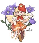  1girl animal_on_head artist_name baby_animal bird bird_on_head blonde_hair blush_stickers boots brown_boots chick closed_mouth commentary_request dress flower full_body multicolored_hair niwatari_kutaka on_head orange_dress outstretched_arm purple_flower red_eyes red_hair shirt short_hair short_sleeves simple_background smile solo standing touhou two-tone_hair uzumaki_osushi white_background white_shirt 