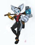  4_fingers anthro big_breasts blue_eyes breasts clothed clothing cybernetic_arm cybernetic_limb ear_piercing eyewear female fingers fur gesture goggles goggles_on_head hammer holding_object holding_weapon lombax looking_at_viewer mammal pace-maker piercing prosthetic prosthetic_arm prosthetic_limb ratchet_and_clank rivet_(ratchet_and_clank) scarf simple_background smile solo sony_corporation sony_interactive_entertainment standing stripes thick_thighs tools tuft v_sign video_games weapon white_background wide_hips 