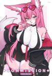  1girl :p animal_ear_fluff animal_ears bare_shoulders black_collar black_jacket black_thighhighs blue_eyes blush breasts cleavage closed_mouth collar commentary commission cowboy_shot crossed_bangs english_commentary eyewear_on_head furry furry_female hand_up heart heart-shaped_eyewear highres jacket large_breasts long_hair long_sleeves looking_at_viewer mo_(k40633) off_shoulder open_clothes open_jacket original pink-tinted_eyewear pink_background pink_hair simple_background smile solo strap_pull sunglasses thighhighs thighs tinted_eyewear tongue tongue_out twitter_username 