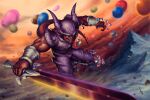  1boy attacking_viewer biceps blurry candy claws colored_sclera colored_skin commentary debris demon demon_boy demon_horns demon_tail disintegration dragon_ball dragon_ball_z evil_grin evil_smile fingernails food full_body grey_nails grin highres holding holding_sword holding_weapon horns janemba jcvilloslada jelly_bean landscape looking_at_viewer male_focus monster_boy mountain mountainous_horizon muscular no_eyebrows open_mouth outdoors pointy_ears red_skin red_tail rock scenery sharp_fingernails sharp_teeth signature smile solo sword tail teeth veins weapon yellow_sclera 