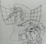  1980s_(style) beam_rifle cable chivvay-class_heavy_cruiser commentary_request energy_gun enteburg fusion gelgoog graphite_(medium) gun gundam hangar highres hizack machine_gun mecha mecha_focus mobile_suit mobile_suit_gundam monochrome neo_zeon no_humans one-eyed_mecha open_hatch original redesign retro_artstyle robot roundel scan science_fiction shield sketch space spacecraft spacecraft_interior traditional_media unfinished weapon zaku_ii zeon zero_gravity zeta_gundam 