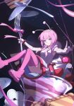  1girl absurdres antennae armpit_peek blush braid breasts closed_mouth commentary_request cookie cup dress elbow_gloves food fork fruit gloves hairband highres holding holding_fork index_finger_raised kaf_(kamitsubaki_studio) kamitsubaki_studio knees_up laplace_(kamitsubaki_studio) long_hair looking_at_viewer oversized_fork oversized_spoon parfait pink_hair pink_ribbon pink_shoes pink_thighhighs pink_wrist_cuffs plate purple_eyes ribbon shoes smile solo strawberry striped_ribbon thighhighs thighs twin_braids twintails usagi_(usagiusgi628) virtual_youtuber white_dress white_gloves white_hairband wrist_cuffs yellow_pupils 