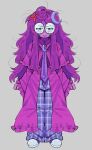  1other =_= absurdres alternate_costume anger_vein annoyed aqua_skirt blush buck_teeth clenched_hands colored_skin commentary crescent crescent_hair_ornament crescent_pendant deltarune english_commentary freckles full_body grey_background hair_ornament highres kibyland long_hair looking_at_viewer necktie plaid_clothes plaid_skirt purple_robe purple_skin robe seth_(deltarune) shoes sidelocks skirt solo squinting standing teeth utdr_(toby_fox) very_long_hair white_shoes 