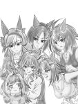  6+girls admire_groove_(umamusume) aged_down ahoge air_groove_(umamusume) alternate_costume animal_ears antenna_hair bare_shoulders bow breasts commentary_request duramente_(umamusume) ear_bow ear_covers greyscale hair_between_eyes hair_ornament hairband hairclip highres horse_ears horse_girl kiseki_(umamusume) long_hair long_sleeves looking_at_another mamecha096 monochrome multiple_girls rulership_(umamusume) short_hair short_hair_with_long_locks sweatdrop titleholder_(umamusume) umamusume umamusume_horse_relations 