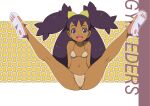  1girl :d arms_behind_back bangs big_hair bikini blush brown_eyes cameltoe commentary_request covered_nipples dark_skin dark_skinned_female full_body gym_leader iris_(pokemon) legs_up long_hair looking_at_viewer makoto_daikichi navel open_mouth outline pink_footwear pokemon pokemon_(game) pokemon_bw purple_hair shoe_soles shoes smile solo spread_legs swimsuit tied_hair tongue transparent_bikini two_side_up 