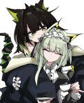  2girls ahoge animal_ears arknights bare_shoulders black_jacket cat_ears cat_girl closed_eyes commentary_request cup fake_animal_ears fang green_eyes green_hair highres holding holding_cup holding_plate hug jacket kal'tsit_(arknights) kal'tsit_(the_remains_of_time)_(arknights) long_hair maid_headdress material_growth mon3tr_(arknights) multicolored_hair multiple_girls nero_san1177 official_alternate_costume plate sleeves_past_fingers sleeves_past_wrists smile tail teacup two-tone_hair white_background 