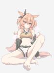  1girl animal_ears bare_shoulders belt bomber_jacket bow breasts brown_ribbon commentary crop_top dog_tags ear_bow ear_ribbon green_belt green_jacket groin highres horse_ears horse_girl horse_tail jacket jacket_partially_removed long_hair long_sleeves looking_at_viewer mayano_top_gun_(scramble_zone)_(umamusume) mayano_top_gun_(umamusume) midriff navel open_clothes open_jacket orange_hair orange_tail ribbon shirt shorts sitting small_breasts solo steaming_body stomach sweat tail tofu_thunder two_side_up umamusume white_shorts yellow_shirt 