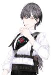  1girl black_hair black_pants chest_harness closed_mouth collared_shirt commentary_request cosplay harness holster holstered jellyfish_cut kamen_rider kamen_rider_zeztz_(series) katsuragi_izumi long_hair looking_at_viewer love_live! love_live!_hasu_no_sora_jogakuin_school_idol_club orange_eyes pants shirt simple_background slit_pupils smile solo upper_body virtual_youtuber white_background white_shirt yorozu_baku yorozu_baku_(cosplay) yoruneko_yashiro 