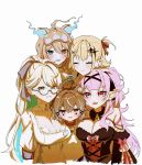  5girls :3 absurdres ahoge animal_collar animal_ear_fluff animal_ears aqua_hair aqua_streaks bell between_breasts black_dress black_ribbon blair_labri blonde_hair blue-framed_eyewear blue_eyes blue_streaks blue_tongue blunt_bangs bow breasts brown_hair cat_ears cat_girl cleavage closed_eyes closed_mouth collar colored_fingertips colored_tongue commentary cross-laced_clothes cross-laced_dress detached_collar detached_sleeves dress earrings flat_chest grey_streaks hair_bow hair_intakes hair_ornament hair_ribbon hairband hairclip head_on_head head_rest heterochromia high_ponytail highres huge_ahoge indie_virtual_youtuber jewelry juliet_armstrong large_breasts long_hair looking_at_viewer madou_zakura messy_hair mocha-tan_(character) mole mole_under_each_eye mole_under_eye mole_under_mouth multicolored_hair multiple_girls multiple_moles neck_bell necklace open_mouth orange_ribbon parallel_hairclips pekoe_(vtuber) person_between_breasts pink_hair pink_ribbon pointy_ears ponytail raccoon_ears raccoon_girl red_collar red_eyes ribbon semi-rimless_eyewear short_eyebrows short_hair short_side_ponytail side_ponytail simple_background sleep_mask sleeveless sleeveless_dress smile star_(symbol) star_hair_ornament streaked_hair swept_bangs symbol-shaped_pupils teeth tori_oriane two_side_up untranslatable_commentary virtual_youtuber white_background white_dress x-shaped_pupils yellow_eyes 