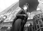  5girls absurdres black_hair black_halo blue_archive blunt_bangs blush breasts coat flag hair_bun hair_ornament hairclip halo hat highres holding holding_umbrella large_breasts long_hair looking_to_the_side monochrome multiple_girls panzaa parted_lips rio_(blue_archive) scarf skirt snow sweater trash_can umbrella very_long_hair 
