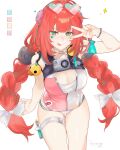 1girl blush braid braided_twintails breasts camera camera_around_neck cleavage dress_swimsuit eyewear_on_head facial_mark green_eyes hair_ornament heart heart-shaped_eyewear heart_facial_mark highres long_hair looking_at_viewer official_alternate_costume one-piece_swimsuit pink_one-piece_swimsuit red_hair simple_background smile solo sphere_hair_ornament swimsuit takedraws thigh_strap tongue tongue_out twintails two-tone_one-piece_swimsuit ukinami_yuzuha ukinami_yuzuha_(tanuki_in_broad_daylight) v v_over_eye very_long_hair water_gun white_background white_one-piece_swimsuit zenless_zone_zero 