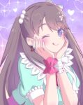  1girl :q ;q bandaged_arm bandages blush brown_hair commentary_request dress frilled_sailor_collar frills fujishima_megumi gradient_background green_dress hakuchu_a_la_mode hands_on_own_cheeks hands_on_own_face heart highres looking_at_viewer love_live! love_live!_hasu_no_sora_jogakuin_school_idol_club one_eye_closed pink_background puffy_short_sleeves puffy_sleeves purple_background purple_eyes sailor_collar short_sleeves signature solo tongue tongue_out two-tone_background two_side_up upper_body virtual_youtuber wezorisu white_sailor_collar 