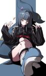  1girl :/ absurdres animal-themed_footwear bandaid_on_tail black_jacket blue_background blue_hair blunt_bangs clothing_cutout colored_shoe_soles commentary double_v expressionless eyeshadow facing_viewer fins fish_tail foreshortening hair_intakes highres hodo100s indie_virtual_youtuber jacket knees long_hair long_sleeves looking_to_the_side makeup multicolored_hair piercing puffy_sleeves red_eyeshadow ring_piercing shark_girl shark_tail sidelighting sidelocks slippers socks solo streaked_hair tail tail_ornament tail_piercing thighs track_jacket two-tone_background umiya_komo v white_background white_socks white_streaks yellow_eyes 