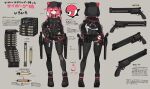  1girl absurdres artist_name black_boots black_eyes black_hoodie black_leotard black_thighhighs boots closed_mouth covered_navel grey_background gun hair_between_eyes handgun highleg highleg_leotard highres hood hoodie leotard light_smile long_hair original pink_hair reference_sheet robot_girl soruto_0w98e thighhighs thighs translation_request twitter_username weapon 