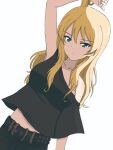  1girl alternate_hairstyle arm_up bangs belt black_belt black_pants black_shirt blonde_hair blue_eyes bukkuri darjeeling_(girls_und_panzer) girls_und_panzer hair_down hand_in_hair highres long_hair looking_at_viewer midriff navel off-shoulder_shirt off_shoulder pants parted_lips shirt short_sleeves solo studded_belt 