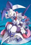  1girl arm_support armor blue_background blue_eyes bodysuit breasts breasts_squeezed_together colored_skin crescent dianamon digimon digimon_(creature) hair_between_eyes handsfree_breast_squeeze helmet highres knees_together_feet_apart looking_at_viewer mask medium_breasts mouth_mask pink_scarf purple_bodysuit purple_hair ripples roy_payne scarf solo squatting water white_armor white_helmet white_skin 