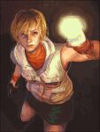  1girl blonde_hair captionpanic closed_mouth commentary english_commentary flashlight green_skirt gun handgun heather_mason highres holding holding_flashlight holding_gun holding_weapon indoors lips looking_at_viewer orange_shirt shirt short_hair silent_hill_(series) silent_hill_3 skirt solo standing veil weapon white_veil wristband 