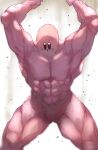  1boy :d abs absurdres arms_up blush_stickers commentary_request feet_out_of_frame grey_background highres kirby kirby_(series) male_focus muscular open_mouth pectorals shiburingaru simple_background smile solo standing triangle_mouth 