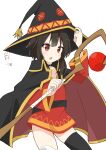  :o adjusting_clothes adjusting_headwear bandaged_leg bandages bangs belt black_cape black_gloves black_hair cape commentary cowboy_shot dated dress fingerless_gloves furrowed_eyebrows gloves hat highres holding holding_staff kono_subarashii_sekai_ni_shukufuku_wo! megumin open_mouth red_dress red_eyes sechin short_dress short_hair short_hair_with_long_locks signature simple_background single_thighhigh staff thighhighs white_background witch_hat 