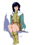  1girl aeug black_hair blue_eyes boots breasts commentary_request fa_yuiry gloves gundam highres jacket jacket_on_shoulders looking_at_viewer medium_hair military_uniform pgmajimaji science_fiction simple_background sitting sleeveless solo yellow_gloves zeta_gundam 