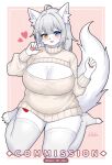  1girl :d absurdres ahoge animal_ear_fluff animal_ears blue_eyes blush breasts cleavage cleavage_cutout clothing_cutout commentary commission english_commentary full_body furry furry_female grey_hair hands_up heart heterochromia highres huge_breasts long_sleeves looking_at_viewer mo_(k40633) original parted_lips pink_background plump simple_background sitting smile solo sweater tail thick_thighs thighhighs thighs twitter_username wariza white_sweater white_thighhighs yellow_eyes 