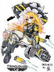  1girl :3 alternate_costume armor black_boots black_bow blonde_hair boots bow braid broom broom_riding closed_mouth commentary_request crossed_legs dated drone gatling_gun gloves grey_gloves grey_thighhighs hair_bow hat hat_bow helldivers_(series) highres kirisame_marisa long_hair looking_at_viewer scan science_fiction side_braid signature single_braid smile solo stupid_duran thighhighs touhou very_long_hair witch_hat 