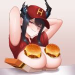  1girl arms_up asymmetrical_horns black_hair black_horns blue_hair bread_bun breasts burger cheese cipher4109 cleavage collared_shirt colored_inner_hair commentary demon_horns english_commentary food food_on_body food_on_breasts hat highres hololive hololive_english horns large_breasts mole mole_under_eye multicolored_hair nerissa_ravencroft red_eyes red_shirt shirt smile two-tone_hair uneven_horns virtual_youtuber 