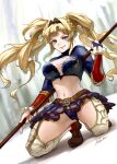  1girl absurdres artist_request blonde_hair blue_eyes blush breasts cleavage closed_mouth full_body granblue_fantasy hair_ornament hairband highres large_breasts long_hair looking_at_viewer navel polearm simple_background smile solo spear twintails underwear weapon zeta_(granblue_fantasy) 