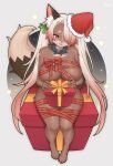  1girl animal_ear_fluff animal_ears blush breasts choker commentary commission english_commentary full_body furry furry_female gift gradient_hair grey_background hair_over_one_eye hat highres holding holding_gift large_breasts long_hair looking_at_viewer mo_(k40633) multicolored_hair naked_ribbon one_eye_covered original parted_lips red_eyes red_hair red_hat red_ribbon ribbon santa_hat simple_background sitting snout solo spiked_choker spikes star_(symbol) star_symbol_background tail thighs twintails twitter_username 