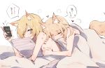  &lt;3 2021 animal_humanoid arknights bed bed_sheet bedding blemishine_(arknights) blonde_hair blue_eyes breasts bruised cellphone female fluffy fluffy_tail fur furniture hair hand_on_breast hi_res hodling_object humanoid hypergryph inner_ear_fluff japanese_text kyou_039 mammal mammal_humanoid one_eye_closed phone pilloe scratches smile speech_bubble studio_montagne text tuft video_games whislash_(arknights) white_body white_fur 