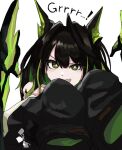  ! 1girl ahoge animal_ears arknights bare_shoulders black_hair black_jacket cat_ears claws english_text fake_animal_ears fang green_eyes green_hair green_jacket hair_between_eyes highres jacket long_hair material_growth mon3tr_(arknights) multicolored_hair nero_san1177 open_mouth sleeves_past_fingers sleeves_past_wrists smile two-sided_fabric two-sided_jacket two-tone_hair 