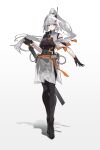  1girl absurdres altias0976 black_bodysuit black_boots black_gloves bodysuit boots breasts clothing_cutout floating_hair full_body gloves hair_ornament headset highres large_breasts light_smile long_hair orange_eyes original science_fiction see-through_clothes see-through_skirt sheath short_sleeves shoulder_cutout simple_background single_bare_shoulder skirt solo sword tachi-e unsheathing weapon white_background white_hair 