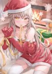  1girl alternate_costume bare_shoulders bound bound_wrists box cat_tail charlotta_skopovskaya christmas closed_mouth commentary_request dress elbow_gloves fireplace fur-trimmed_dress fur-trimmed_gloves fur_trim gift gift_box gloves grey_hair hat heaven_burns_red highres long_hair looking_at_viewer red_dress red_gloves santa_costume santa_dress santa_hat short_dress snowflake_ornament solo strapless strapless_dress tail thighhighs tied_up_(nonsexual) tsumugi-t white_thighhighs yellow_eyes your_present_is_me zettai_ryouiki 