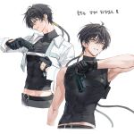  1boy bare_shoulders black_gloves black_hair black_shirt crop_top gloves gun handgun highres holding holding_gun holding_weapon jacket korean_text long_hair male_focus male_rover_(wuthering_waves) midriff multiple_views parted_lips roha rover_(wuthering_waves) shirt tacet_mark_(wuthering_waves) toned toned_male translation_request weapon white_jacket wuthering_waves yellow_eyes 