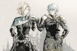  1boy 1girl 7nite ^_^ absurdres aqua_hair armor black_jacket blonde_hair braid braided_bangs braided_base closed_eyes closed_mouth commentary_request cowboy_shot earclip elezen elf final_fantasy final_fantasy_xiv fist_bump gloves grin hair_between_eyes hand_on_own_hip haurchefant_greystone highres hip_armor ishgard_(ff14) jacket long_hair original pauldrons pointy_ears ponytail ponytail_with_braided_base short_hair shoulder_armor sidelocks single_pauldron smile snowing spoilers warrior_of_light_(ff14) yellow_eyes 
