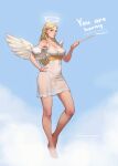  1girl angel angel_wings artist_name bare_legs bare_shoulders barefoot blonde_hair blue_eyes blue_sky breasts cloud collarbone commentary dress english_commentary english_text flaccid floating full_body futanari halo hand_on_hip highres long_hair looking_at_viewer medium_breasts navel nipples no_bra no_panties off-shoulder_dress off_shoulder original parted_lips penis puffy_short_sleeves puffy_sleeves see-through short_sleeves sky solo tarakanovich testicles wand white_dress wings 