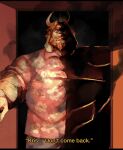  1boy angry animal_ears arm_hair asgore_dreemurr asgore_dreemurr_(dark_world) beard blonde_hair blue_pants body_armor building cloud commentary dark_cloud deltarune door doorway english_commentary english_text facial_hair fang fat fat_man floral_print highres horns looking_at_viewer looking_down mustache pants partial_transformation partially_shaded_face pink_shirt shade shirt skin_fang solo spoilers tropisco utdr_(toby_fox) 