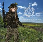  1girl ak-74m assault_rifle blonde_hair body_armor camouflage camouflage_pants canekgodinez cargo_pants evgenia_blinova fang grin gun highres kalashnikov_rifle long_hair looking_at_viewer original outdoors pants pouch rifle russian_text russo-ukrainian_war smile solo tactical_gloves ukrainian_ground_forces weapon weapon_request 