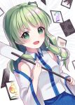  1girl :d bangs bare_shoulders blue_skirt blush breasts card commentary_request detached_sleeves dutch_angle emphasis_lines eyebrows_visible_through_hair frog_hair_ornament gohei green_eyes green_hair grey_background hair_ornament holding holding_stick kochiya_sanae long_hair looking_at_viewer medium_breasts open_mouth simple_background skirt smile snake_hair_ornament solo stick suzuno_naru touhou unconnected_marketeers upper_body v-shaped_eyebrows wide_sleeves 