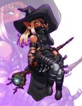  1girl arm_wrap bare_shoulders black_boots black_gloves black_hat black_jacket black_mage_(final_fantasy) black_nails black_panties black_shirt blonde_hair boots covered_mouth dark-skinned_female dark_skin earrings elbow_gloves english_commentary erogeist eyepatch facial_mark final_fantasy final_fantasy_xiv forehead_mark full_body gloves gradient_hair green_eyes halftone hand_up hat high_collar holding holding_staff jacket jewelry lalafell long_hair mage_staff multicolored_hair multiple_thigh_straps nail_polish original panties partially_fingerless_gloves pink_hair pointy_ears shirt sidelocks single_elbow_glove sitting_on_weapon sleeveless sleeveless_jacket solo staff thick_thighs thigh_boots thigh_strap thighs twitter_username two-tone_hair underwear warrior_of_light_(ff14) white_background wide_hips witch_hat zoom_layer 