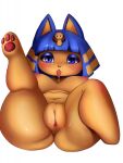  animal_crossing ankha_(animal_crossing) anthro big_breasts blue_eyes blue_hair blush bodily_fluids breasts domestic_cat drooling egyptian feet felid feline felis female fur genital_fluids genitals hair hi_res looking_at_viewer lying macaronneko mammal nintendo nipples nude on_back one_leg_up pawpads paws plump_labia presenting presenting_pussy pussy pussy_juice raised_leg saliva simple_background solo sweat thick_thighs tongue tongue_out uraeus video_games white_background wide_hips yellow_body yellow_fur 